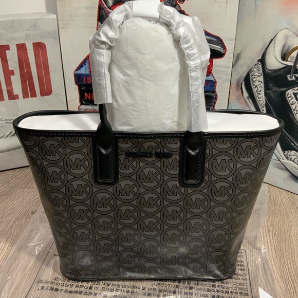 Michael Kors Handbags - Michael Kors Jodie Small Black Jacquard Logo Recycled Polyester Tote Bag Handbag